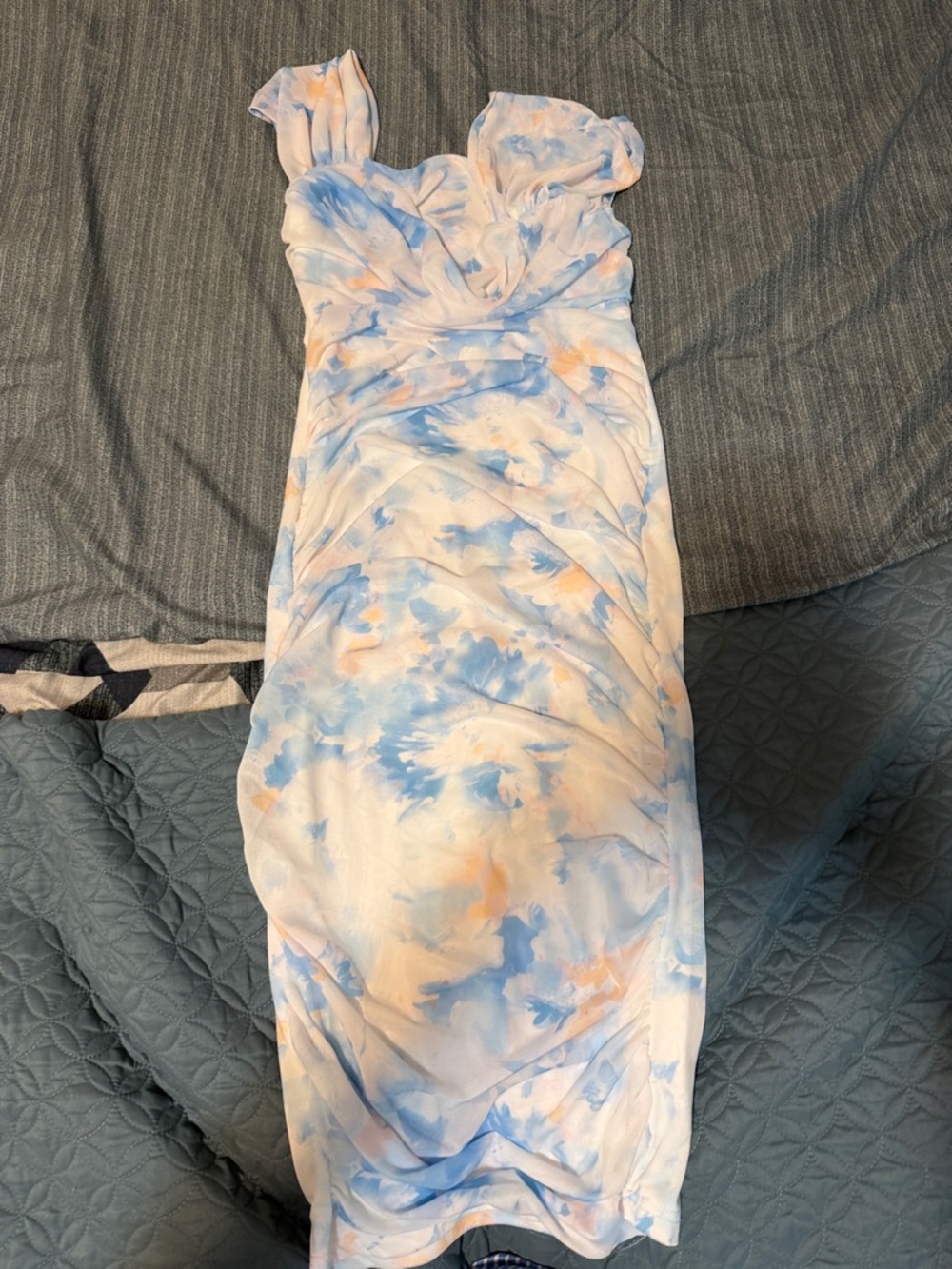 SHEIN Pastel Blue & Peach Midi Watercolor Ruched Dress